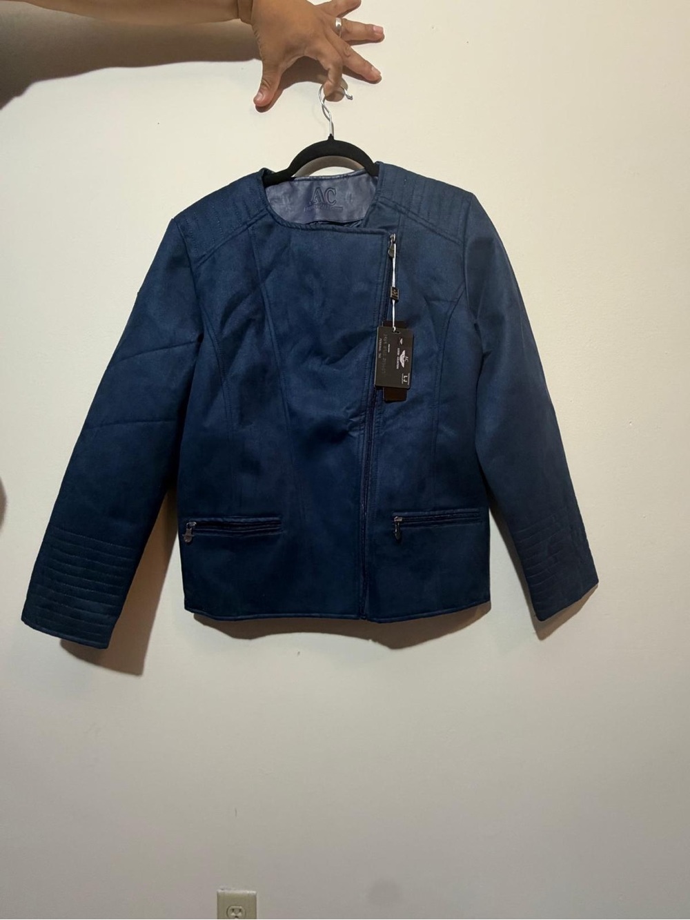 IC COLLECTION Navy Faux Suede Asymmetric Zip Jacket